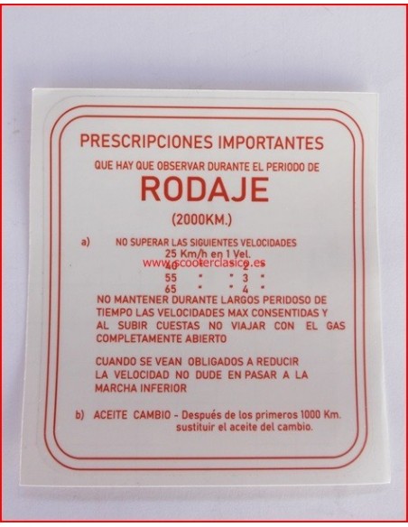 PEGATINA DE RODAJE VESPA 4 velocidades